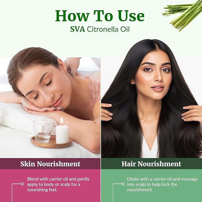 SVA Citronella Essential Oil – 4 Fl Oz – 100% Natural Citronella Oil - for Diffuser, Hair Care, Face, Skin Care, Aromatherapy, Scalp and Body Massage, Soap and Candle Making - with Dropper