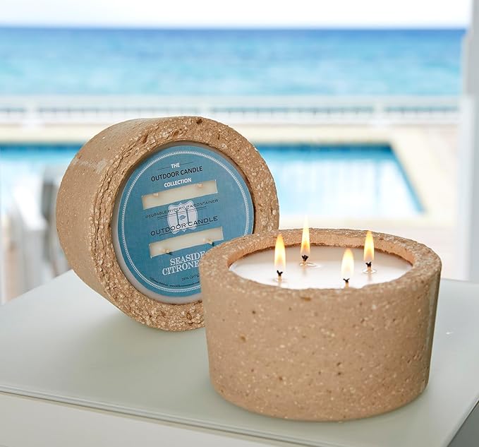 Hillhouse Naturals Outdoor Seaside Citronella Candle 32oz - Peppermint & Eucalyptus in Hypertufa Pot, 100+ Hours Burn Time. Made in The USA
