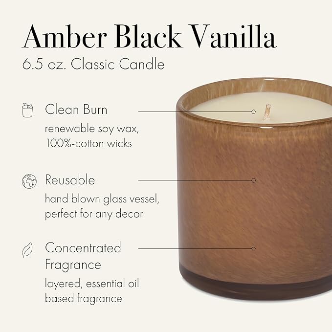 LAFCO New York Classic Candle, Amber Black Vanilla - 6.5 oz - 50-Hour Burn Time - Reusable, Hand Blown Glass Vessel - Made in The USA