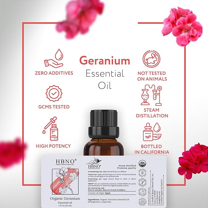 HBNO Organic Geranium Essential Oil - 1 oz (30ml) - USDA Certified Organic Geranium Essential Oil for Aromatherapy, Soap Making, DIY, Fragrances, Diffuser.