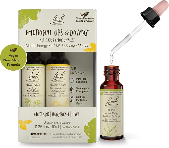 Bach Original Flower Remedies, Emotional Ups & Downs Trio Kit, for Mental Energy (Non-Alcohol Formula), Natural Homeopathic Flower Essence, Vegan, 3 x 10mL Droppers