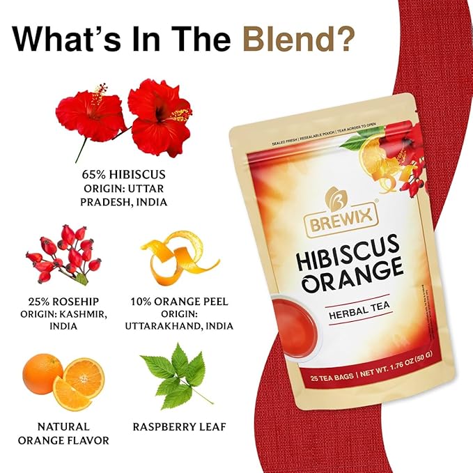 BREWIX, Hibiscus Orange Tea Bags (25 Plant Based Tea Bags) Caffeine-Free, Made with Real - Hibiscus Flowers, Rosehip, Orange Peel, Raspberry Leaf | Contains Antioxidants & Support Overall Health