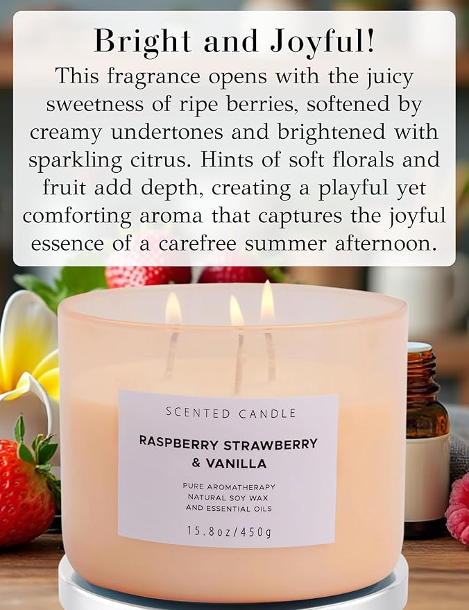 Raspberry Strawberry Vanilla 3-Wick Scented Soy Candle 15.8 oz | Large Sweet Berry Vanilla Scented Candle for Home | Stress Relief & Relaxing Aromatherapy Candle | Strong Throw & Long-Lasting