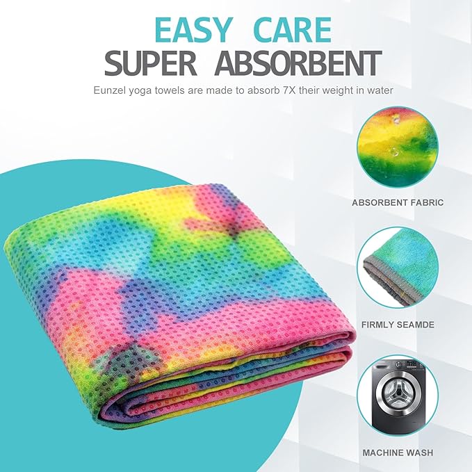 Eunzel Yoga Towel,Hot Yoga Mat Towel with Grip Dots Sweat Absorbent Non-Slip for Hot Yoga, Pilates and Workout 24" x72", Yellow & Blue & Pink