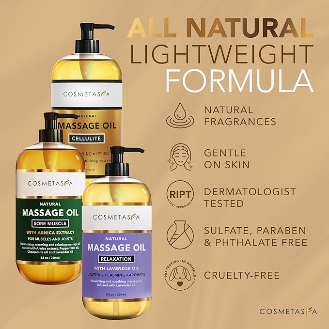 Cosmetasa Massage Oil Set - Arnica & Peppermint Sore Muscle Relief, Cellulite & Lavender Body Massage Oils - Gua Sha Therapy