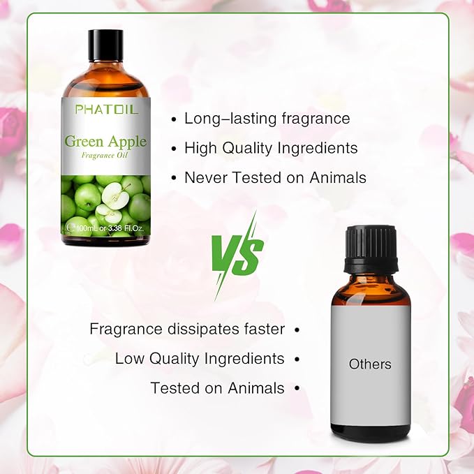 PHATOIL 3.38FL.OZ Green Apple Fragrance Oils for Aromatherapy, Essential Oils for Diffusers for Home, Perfect for Diffuser, Yoga, DIY Candle and Soap Making - 100ml