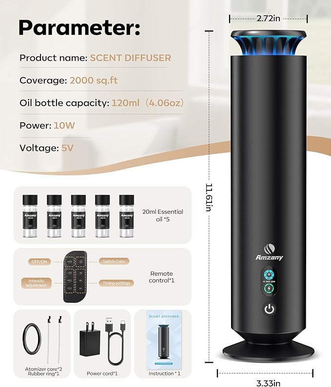 Waterless Scent Diffuser Kit,Scent Diffuser with 7 Lights and Breathing Lights Modes,Max Coverage 2000 sq.ft.Home,Offices,Hotels and Spas Aromatherapy Diffuser Included 5 Scent Oils Remote Control