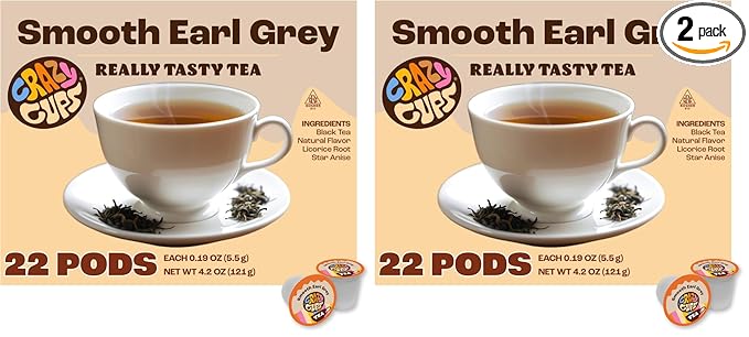 Crazy Cups Smooth Earl Grey Herbal Tea Pods, 22 Count | Caffeine Free, Kosher Certified Black Tea Blend with Licorice Root & Star Anise, K Cup Compatible, Bold Bergamot Flavor, Gluten Free, Vegan