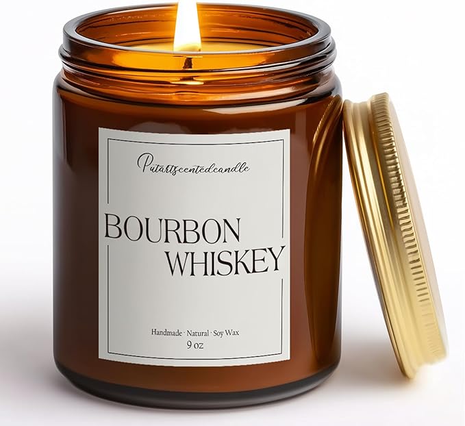 Bourbon Whiskey Scented Candle for Home, Natural Soy Wax Aromatherapy Non Toxic Candle Gifts for Women & Men, Handmade Highly Scented & Long Lasting Jar Candle for Stress Relief (9oz)