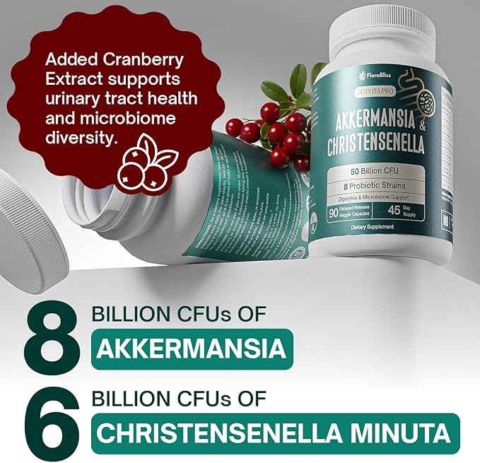 FloraBliss Christensenella Minuta and Akkermansia, Bifidobacterium longum, 8 Probiotic Strains, 50 Billion CFU, 90 Delayed-Release Capsules, with Cranberry Extract, Gut Health & Immune Support