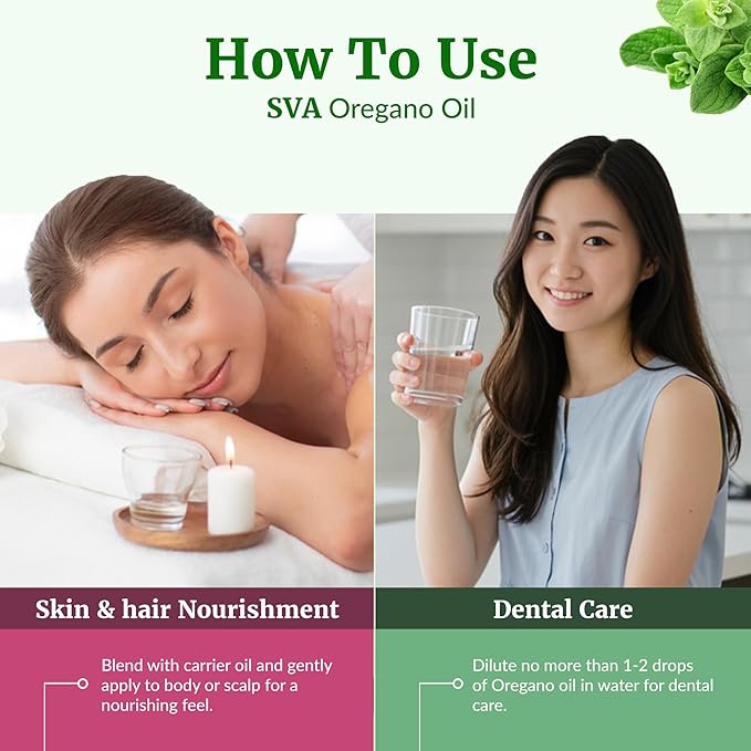 SVA Oregano Essential Oil – 4 Fl Oz – 100% Natural Oregano Oil - for Diffuser, Hair Care, Face, Skin Care, Aromatherapy, Scalp and Body Massage, Soap and Candle Making – with Dropper