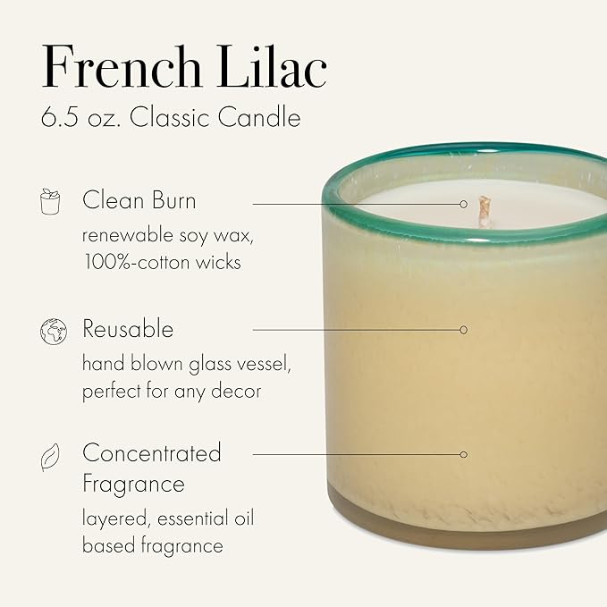 LAFCO New York Classic Candle, French Lilac - 6.5 oz - 50-Hour Burn Time - Reusable, Hand Blown Glass Vessel - Made in The USA