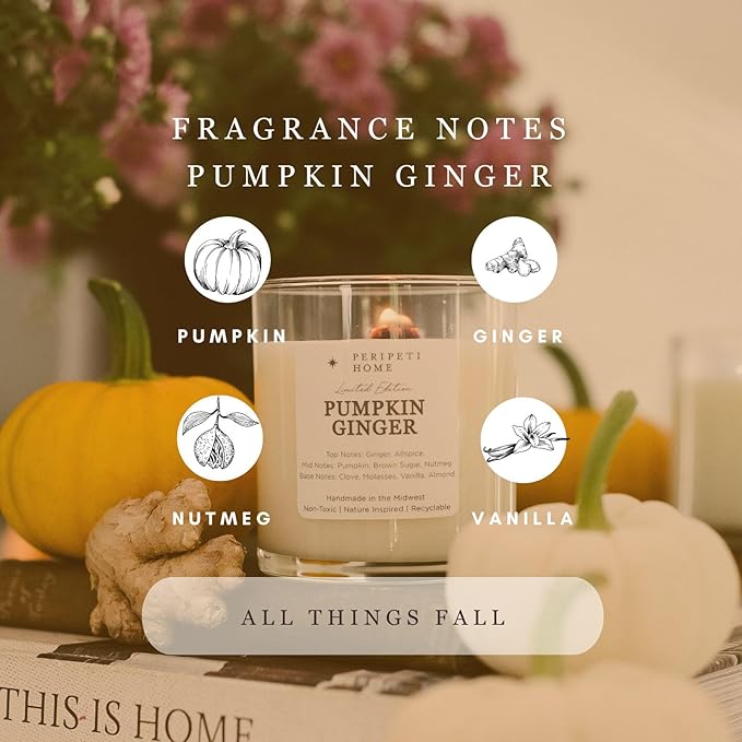 PERIPETI Home Pumpkin Ginger Scented Candle, Classic Wick – 8.5oz Natural Soy Wax for Energizing Aromatherapy, Long-Lasting Burn with a Cozy Fall Scent