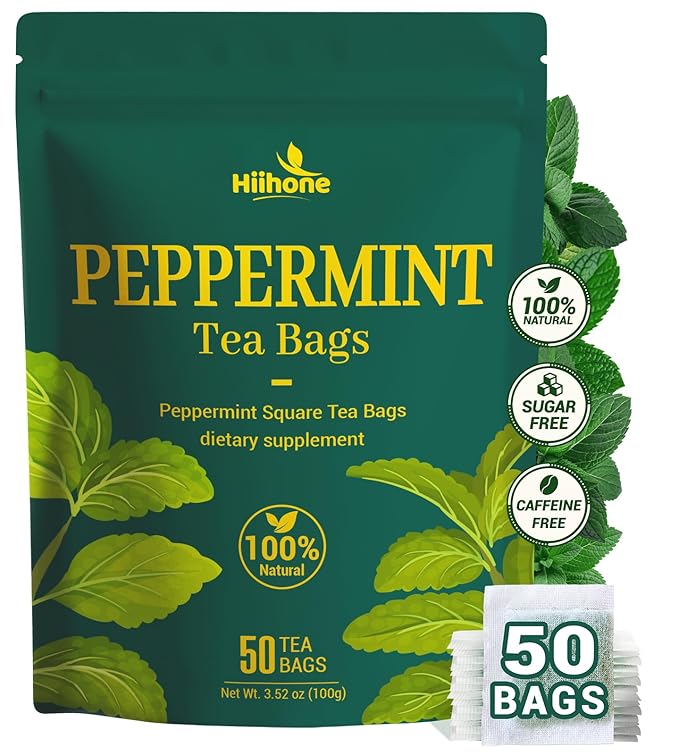 Hiihone Peppermint Tea Bags, 100% Pure Peppermint Leaves, Fresh Minty Herbal Tea, Naturally Caffeine-Free, Non-GMO, Enjoy Hot or Iced, 50 Tea Bags
