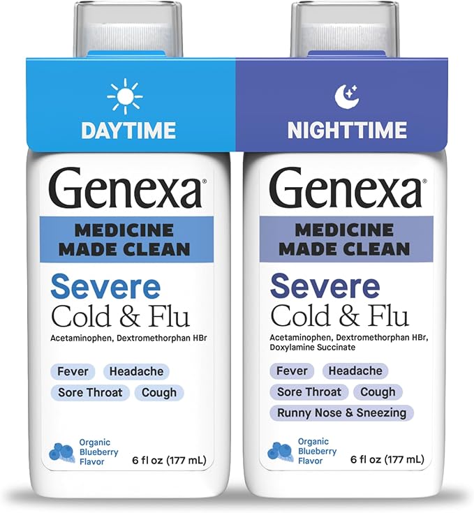 Genexa Clean Day + Night Cold & Flu Relief, Max Strength, Dye Free, 0% Artificial Additives, Acetaminophen Fever Reducer, Cough Suppressant, Antihistamine, Organic Blueberry Flavor, 12 fl oz (2 Pack)