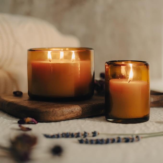 Bluecorn Beeswax Large 3-Wick Candle, 100% Pure Beeswax & Lavender Essential Oil, Amber Glass, Soy Free, Clean Burning Candle Wax, Long Lasting, Home Decor, American Made, 8 Oz, 1 Count