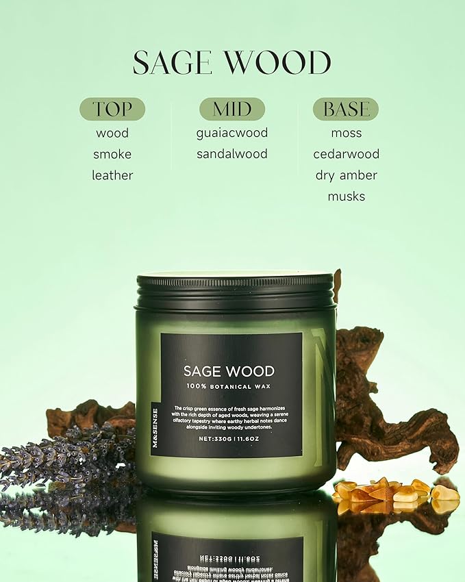 M&SENSE Sage Wood Scented Candle, 11.6oz 70 Hours Long Lasting Clean Non Toxic All Natural Soy Wax Candle for Relaxing & Stress Relief, 2 Wick Home Fragrance Gifts for Home Decor