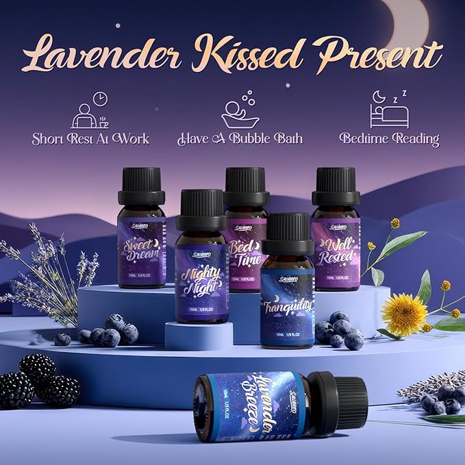 SALUBRITO Good Night Fragrance Oils, Premium Essential Oil Set for Diffuser, Soap, Candle Making scents, Nighty Night, Well Rested, Tranquility, Sweet Dream, Bed Time, Lavender Breeze