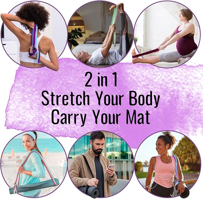 TECEUM Yoga Strap & Mat Strap – 2 IN 1 – Cotton – 6 ft 8 ft 10 ft (30+ colors) – Adjustable Non-Slip Belt for Yoga, Pilates, Stretching, Physical Therapy, Fitness & Home Workout – For Carrying Mats