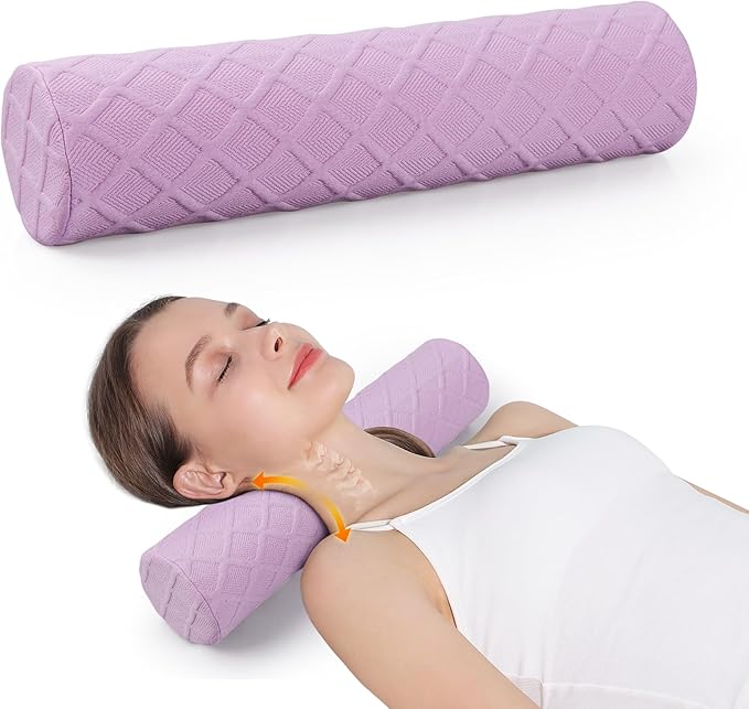 Cozyhealth Cervical Roll Pillow, Medium Soft Memory Foam Neck Round Pillow Cylinder Bolster Pillow for Sleeping, Round Neck Support for Bed, Legs, Back and Yoga (Purple, Medium - 3.9" H)
