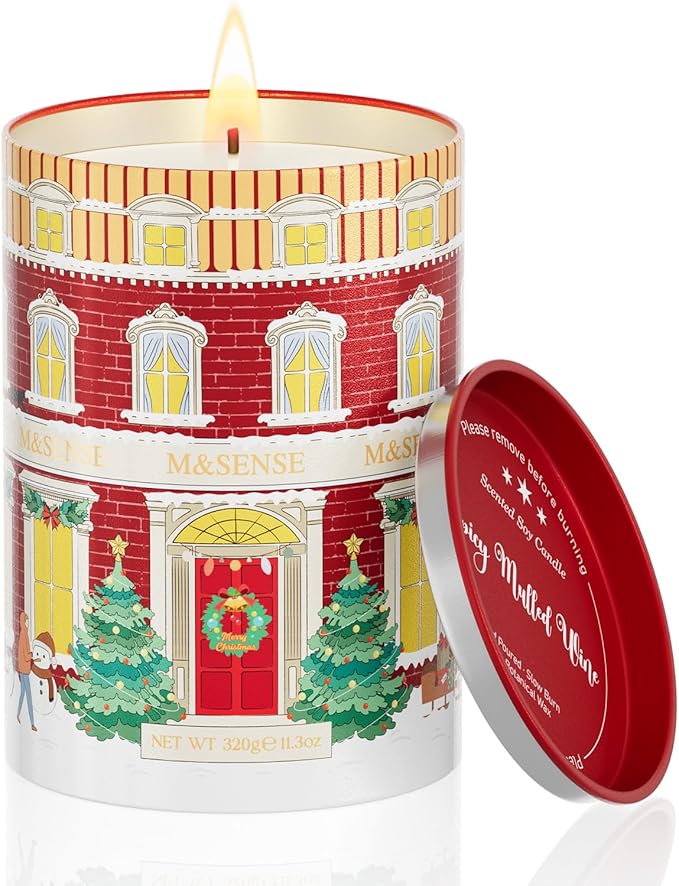 M&SENSE Spicy Mulled Wine Christmas Candles, Warm Apple Cider Holiday Scented Candle for Festival Ambiance, Winter Holiday Candles for Women Men, Soy Wax 11.3oz 70 Hour,Christmas Scented Candles