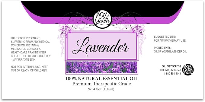 Oil of Youth Lavender Essential Oil 4 fl oz – Therapeutic Grade Aromatherapy for Diffuser, Relaxation, Stress, and Topical Use with Dropper