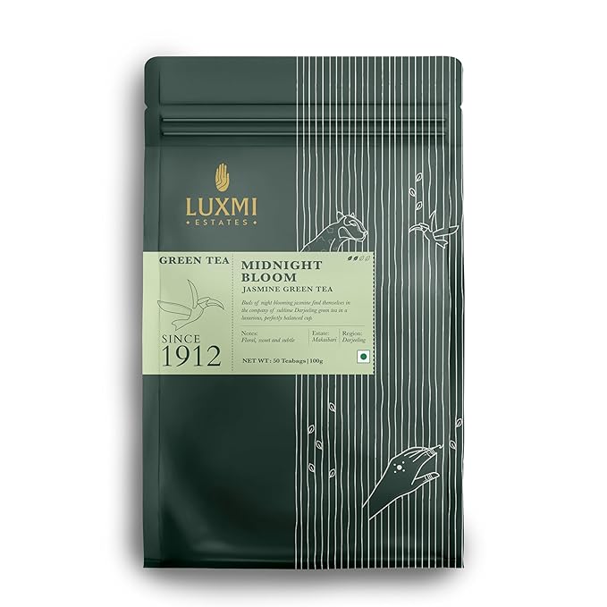 Luxmi Estates Midnight Bloom Organic Jasmine Tea (50 Tea Bags) Mildly Caffeinated Tea Bags For Relaxing, Calming, and Stress Relief, With Certified Organic Darjeeling Makaibari Green Tea