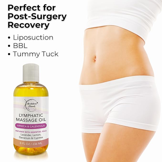 Lymphatic Massage Oil for Massage Therapy & Natural Lymphatic Drainage | Premium Quality with Arnica & Lavender Oil | for Post Surgery Recovery & Detox | 8oz by Brookethorne Naturals