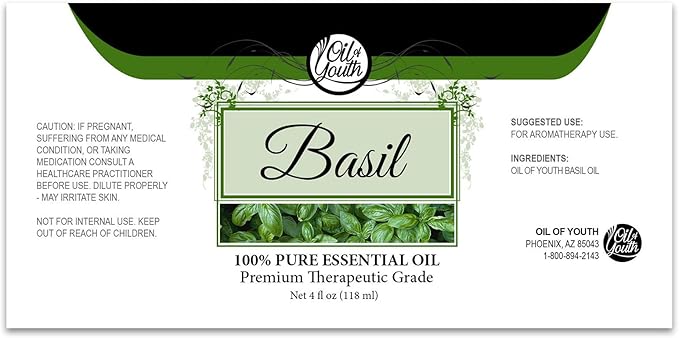 Oil of Youth Basil Essential Oil – Therapeutic Grade for Aromatherapy Diffuser, Candle, Soap & Making – Dropper – 4 fl oz