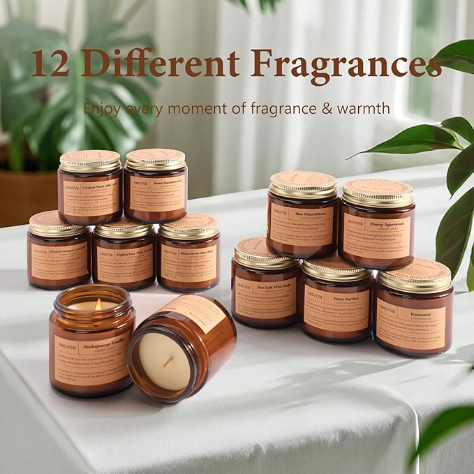 12 Pack Candles for Home Scented,Scented Candles Gift Set for Women &Men,Natural SoyCandles(Amber Jar),Aromatherapy Candle Set for Birthday Valentine Anniversary Mother's Day Christmas