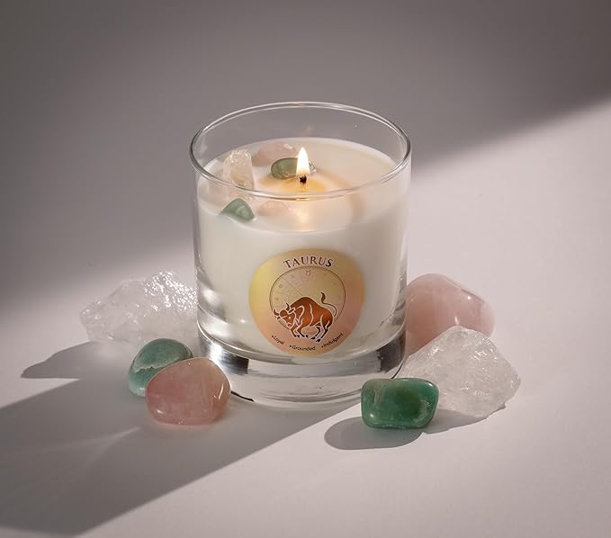 Luxury Glass Jar Candle, Taurus Zodiac Sign, 8.8 oz - Crystal Infused - Scents of Geranium, Fern, Cedar & Amber - Made in USA, Hand Poured, Coconut-Soy Wax, Essential Oil, Dr. Developed