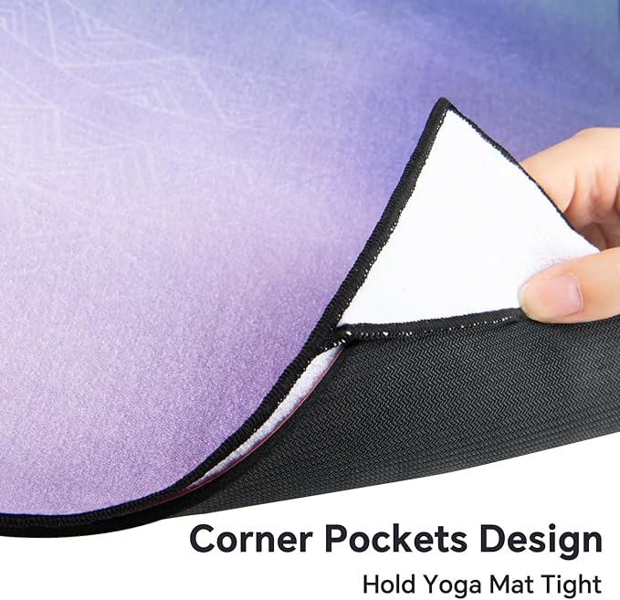 Colorful Star Large Yoga Towel with Corner Pockets, Non Slip Grip Dots Absorbent Hot Yoga Mat Towels, Yoga Blankets with Travel Bag, Mat Cover for Workout, Gym, Fitness - 74"x26", Purple Blue Lotus