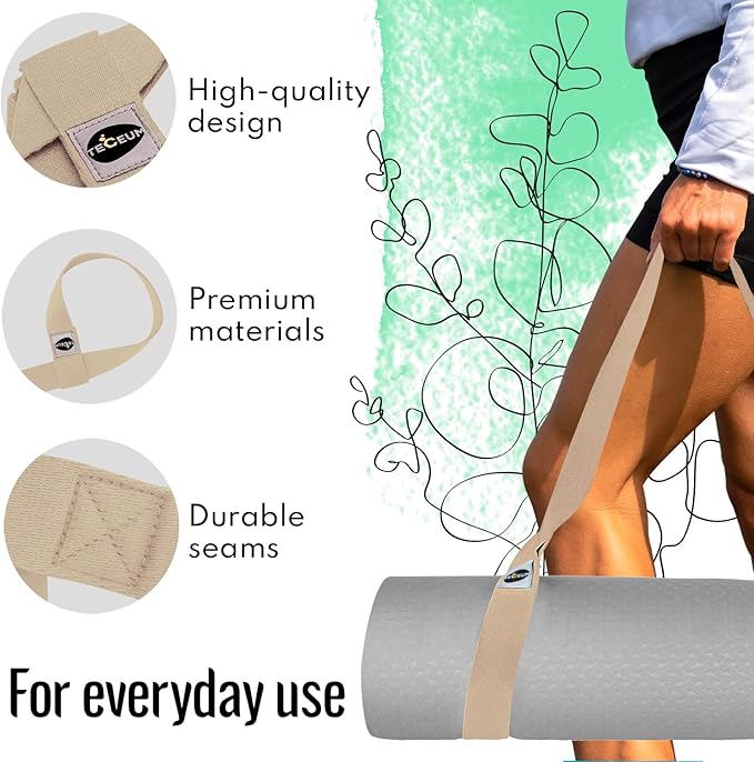 TECEUM Yoga Mat Strap – 30+ Colors – Adjustable Mat Holder Sling Carrier for All Mats [Mat Not Included]