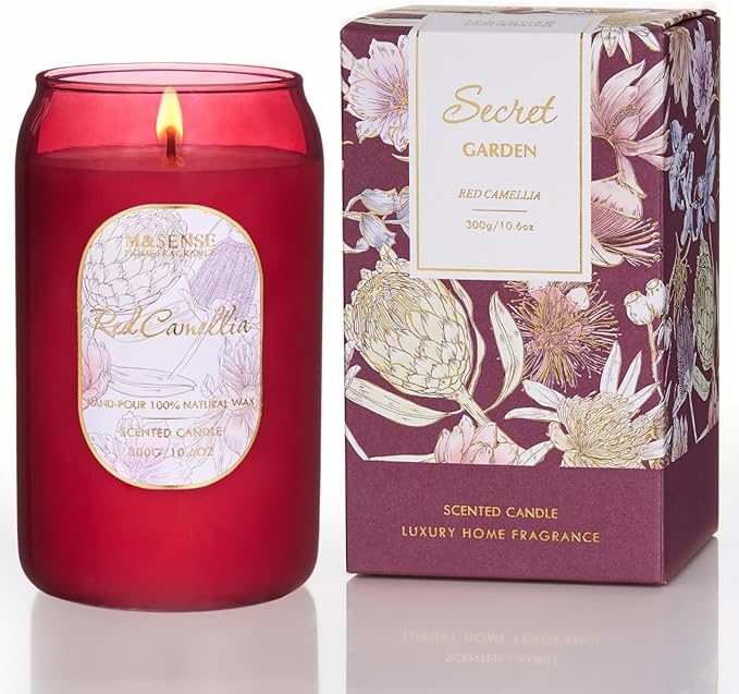 M&SENSE Strong Red Soy Scented Candle - Red Camellia Flower Scent, 10.6 oz, 60-Hour Burn,Sweet Stress Relief Candles Gift for Birthday,Mother Day,Lovers