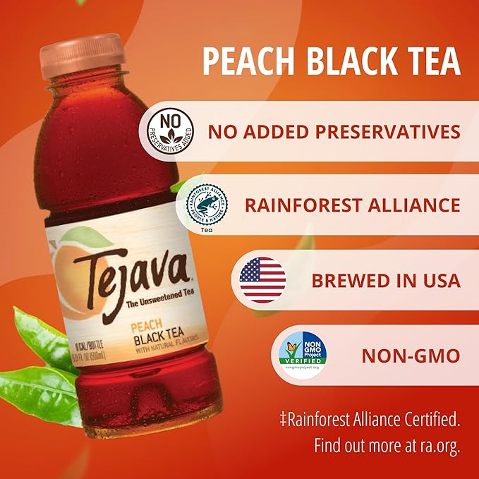 Tejava Unsweetened Peach Iced Tea, 16.9 Ounce PET Bottles, Natural, Non-GMO-Verified, Rainforest Alliance-Certified (12 Pack)