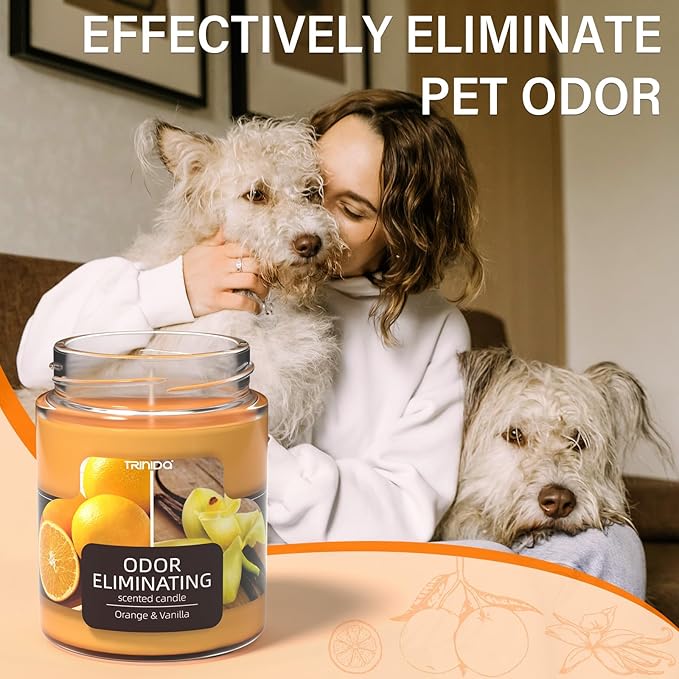 TRINIDa Orange & Vanilla Odor Eliminating Candles for Home Scented, Eliminates 99% of Pet, Smoke, Food and Other Smells Quickly, Highly Fragranced Candle, Premium Soy Candles Set for Women