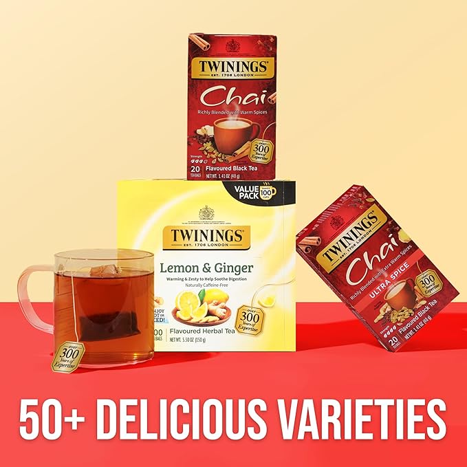 Twinings Chai Black Tea Individually Wrapped Bags, 20 Count (Pack of 6), Sweet, Savoury Spices, Caffeinated, Enjoy Hot or Iced, 120 Teabags