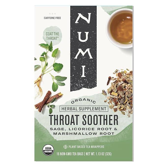 Numi Organic Throat Soother Herbal Tea – 16 Herbal Tea Bags – Caffeine Free Blend with Sage Licorice Marshmallow Root Cinnamon & Clove for Smoothing & Soothing Throat Comfort