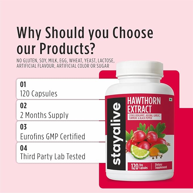 STAY ALIVE Hawthorne Berry Supplement, 20:1 Extract, 6-in-1 Hawthorn w/Citrus Bergamot, Turmeric Root Powder, Garlic, Arjuna & Black Pepper, 120 Pills, Non-GMO & Gluten-Free Hawthorn Berry Capsules