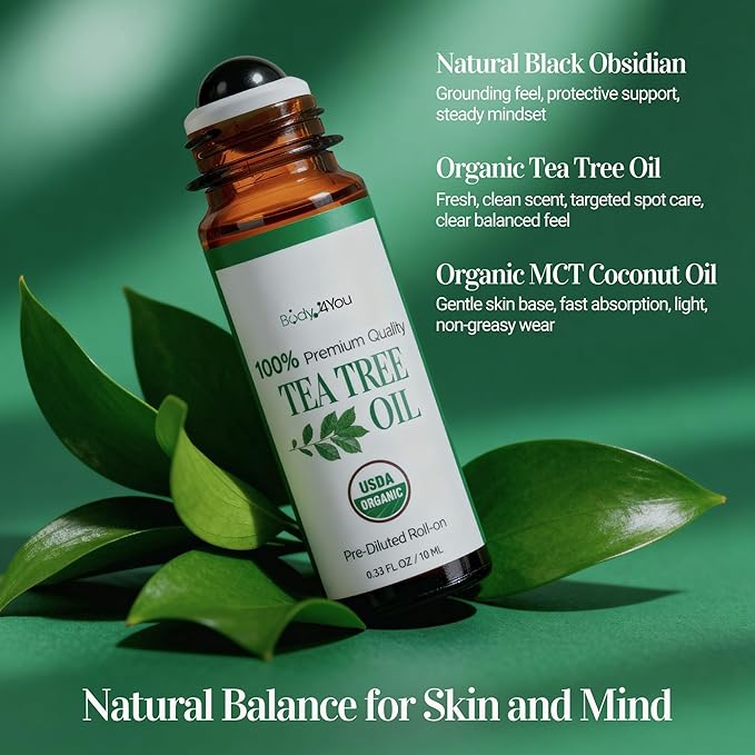 BodyJ4You Tea Tree Essential Oil Roller - Pure 100% USDA Organic MCT Coconut Oil - Natural Black Obsidian Stone Roller - Blemish Spots Clarify Cuticle Feet Scalp - Amber Glass Bottle Rollerball (10ml)
