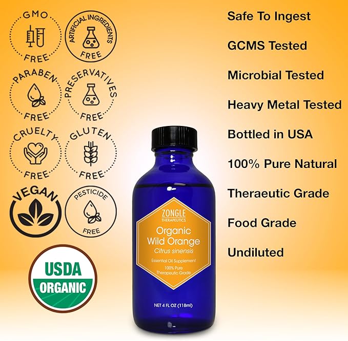 Organic, Orange Essential Oil, Food Grade, for Baking, Skin – 100% Pure, Wild, Orange Oil, Safe for Ingestion, by Zongle Therapeutics, 4 OZ