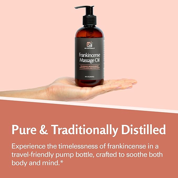 Frankincense Essential Massage Oil for Scars, Stretch Marks & Fine Lines, Firming, Hydrating, Smoothing & Calming Formula with Collagen, Stem Cells, Lavender & Grapefruit, 8 fl oz, by M3 Naturals