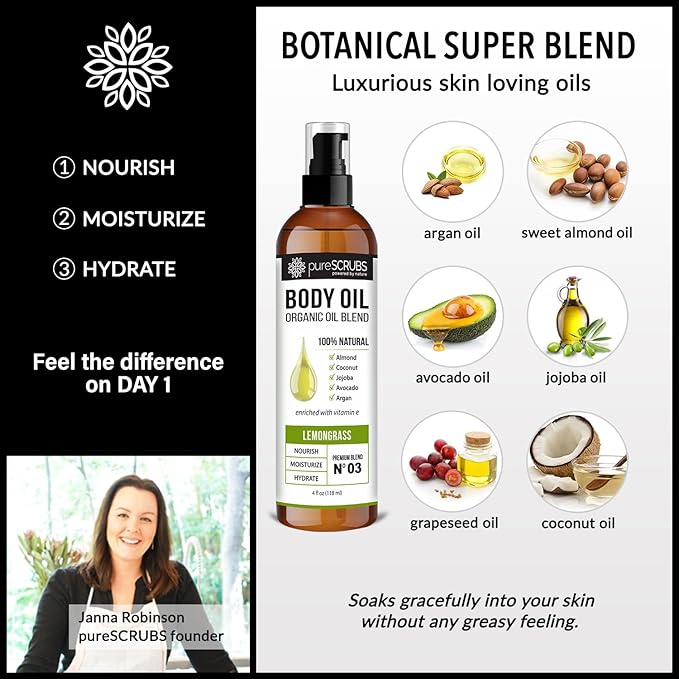 pureSCRUBS Ultra Moisturizing Lemongrass Body Oil Spray for Dry Skin, Massage, & More, Organic Super Blend of Jojoba, Argan, Coconut, Sweet Almond & Avocado Oils Enriched with Vitamin E, Lg 4oz