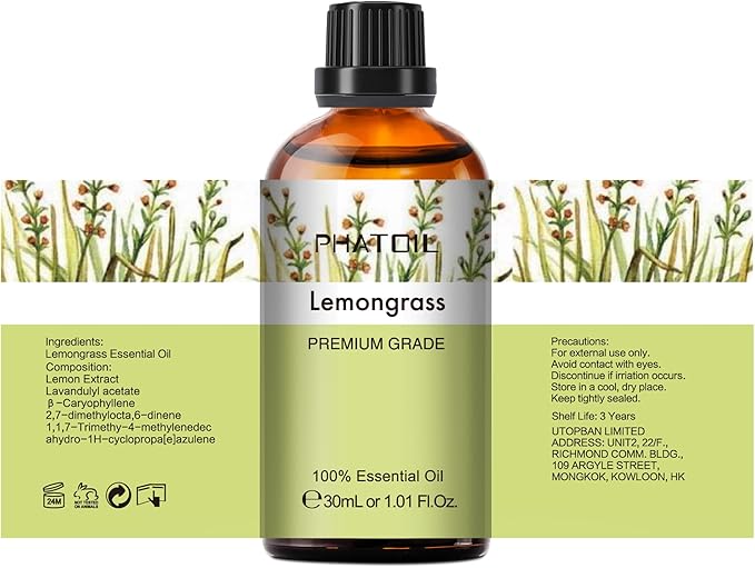 Lemongrass Essential Oil 1.01fl.oz/30ml, PHATOIL Lemongrass Oils Long Lasting Scents for Aromatherapy, Diffuser, DIY Soap and Candle Making