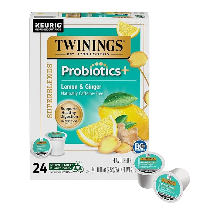 Twinings Probiotics+ Lemon & Ginger Herbal Tea K-Cup Pods for Keurig, 24 Count (Pack of 1), Supports Digestive Health, Naturally Caffeine-Free, Enjoy Hot or Iced