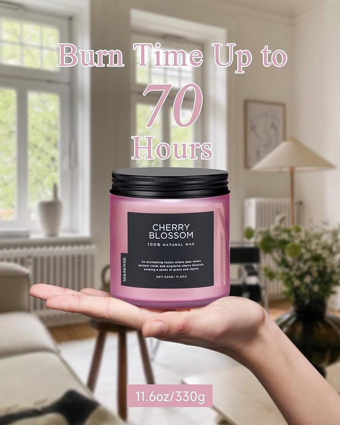 M&SENSE Cherry Blossom Scented Spring Candle, 70 Hours Long Lasting Soy Wax 11.6oz Stress Relief Aromatherapy Candles, Romantic Gifts for Women, Glass Jar for Bedroom Decor