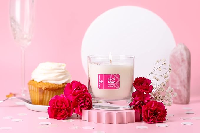 Luxury Glass Jar Candle, 8 OZ, Choose Love - Valentine's Day Gift Rose Quartz Crystal Infused - Scents of Jasmine, Magnolia, Oakmoss & Cedarwood - Intense & Deep Affection