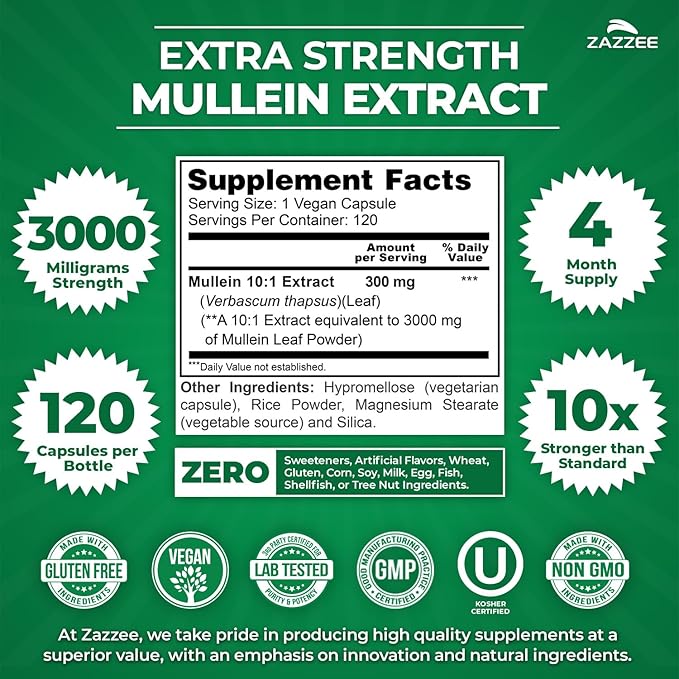 Zazzee Extra Strength Mullein 10:1 Extract, 3000 mg Strength, 120 Vegan Capsules, 4 Month Supply, Standardized 10X Extract, 100% Pure Leaf Powder, All-Natural and Non-GMO, Made in The USA