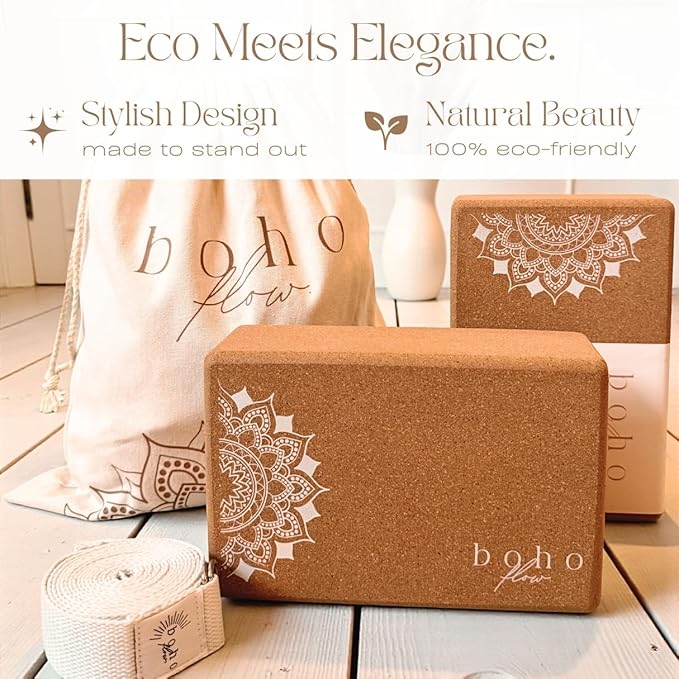 Boho Flow Cork Yoga Block 2 Pack with Strap & Bag | Premium Eco-Friendly Cork Bricks 9”x6”x3” | Heavy-Duty, Non-Slip & Durable Yoga Props | Plastic-Free, EVA-Free, Non-Toxic