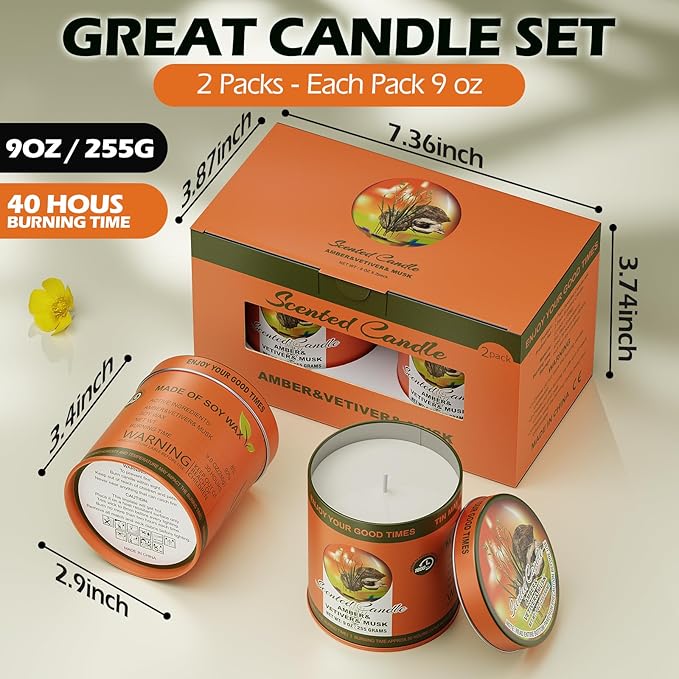 Amber & Vetiver & Musk Scented Candles Set | 2Pack 510g 8% Essential Oil,60H Burn Time | Pure Soy Wax Aromatherapy Jar Tin Candle for Relaxation, Sleep | Colorful Packaging Home Gift for Men&Women